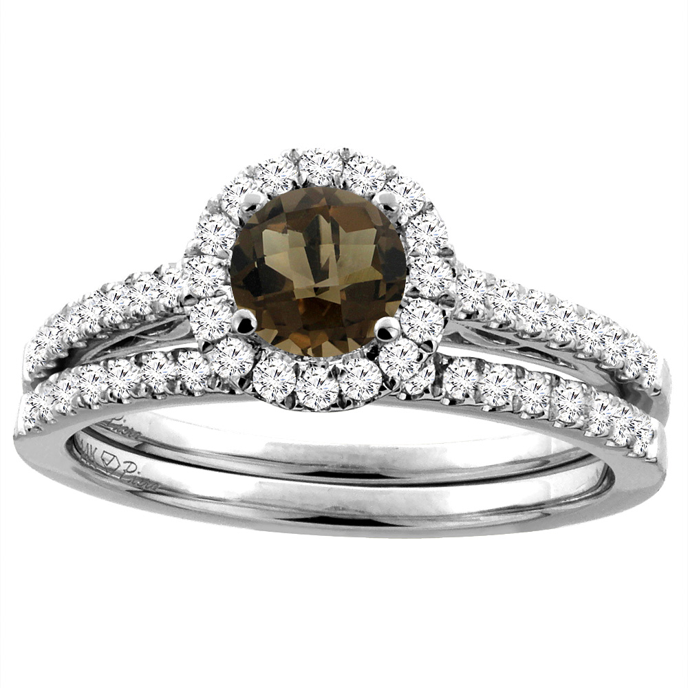14K White Gold Diamond Natural Smoky Topaz Halo Engagement Bridal Ring Set Round 6 mm, sizes 5-10