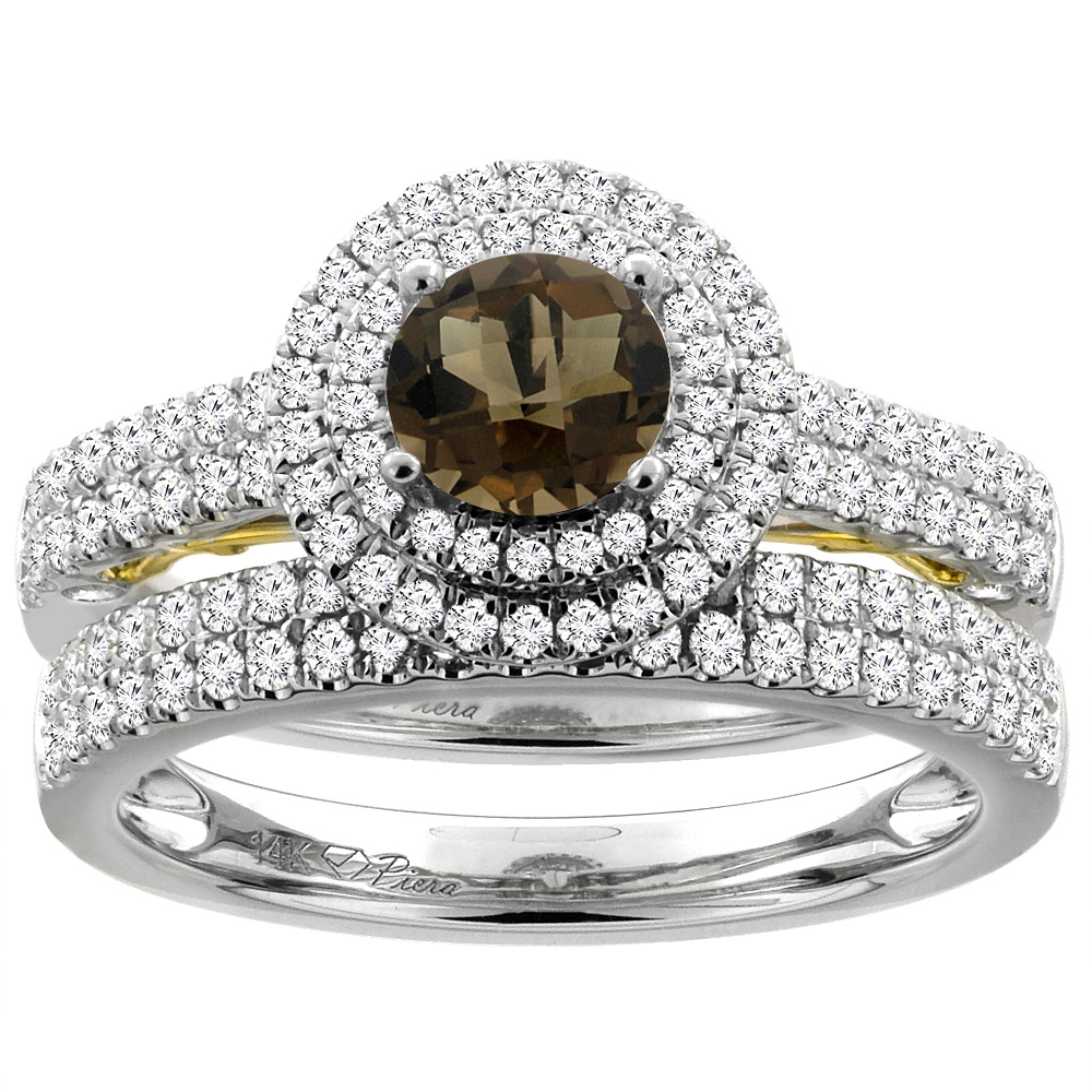 14K White Gold Diamond Natural Smoky Topaz Halo Engagement Ring Set Round 6 mm, sizes 5-10