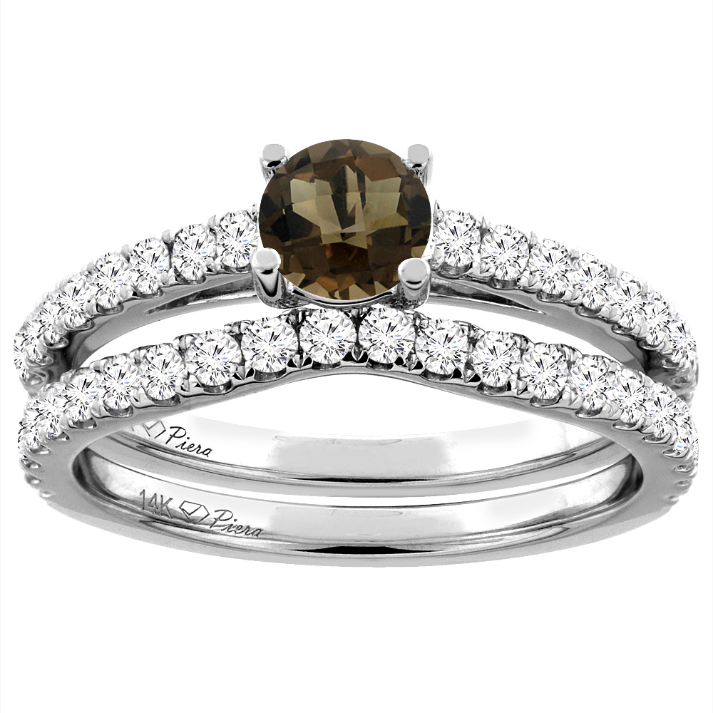 14K White Gold Diamond Natural Smoky Topaz Engagement Bridal Ring Set Round 6 mm, sizes 5-10