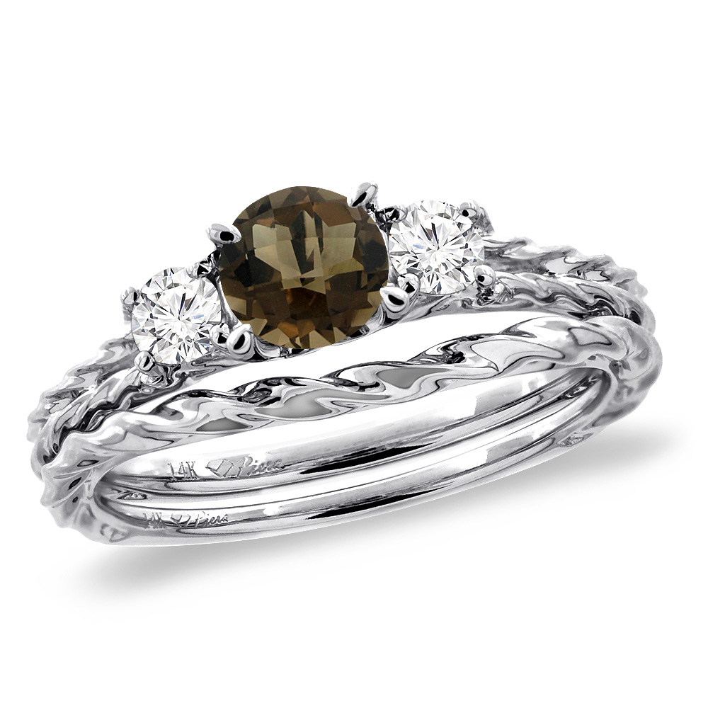 14K White Gold Diamond Natural Smoky Topaz 2pc Engagement Ring Set Round 6mm Twisted, sizes 5-10