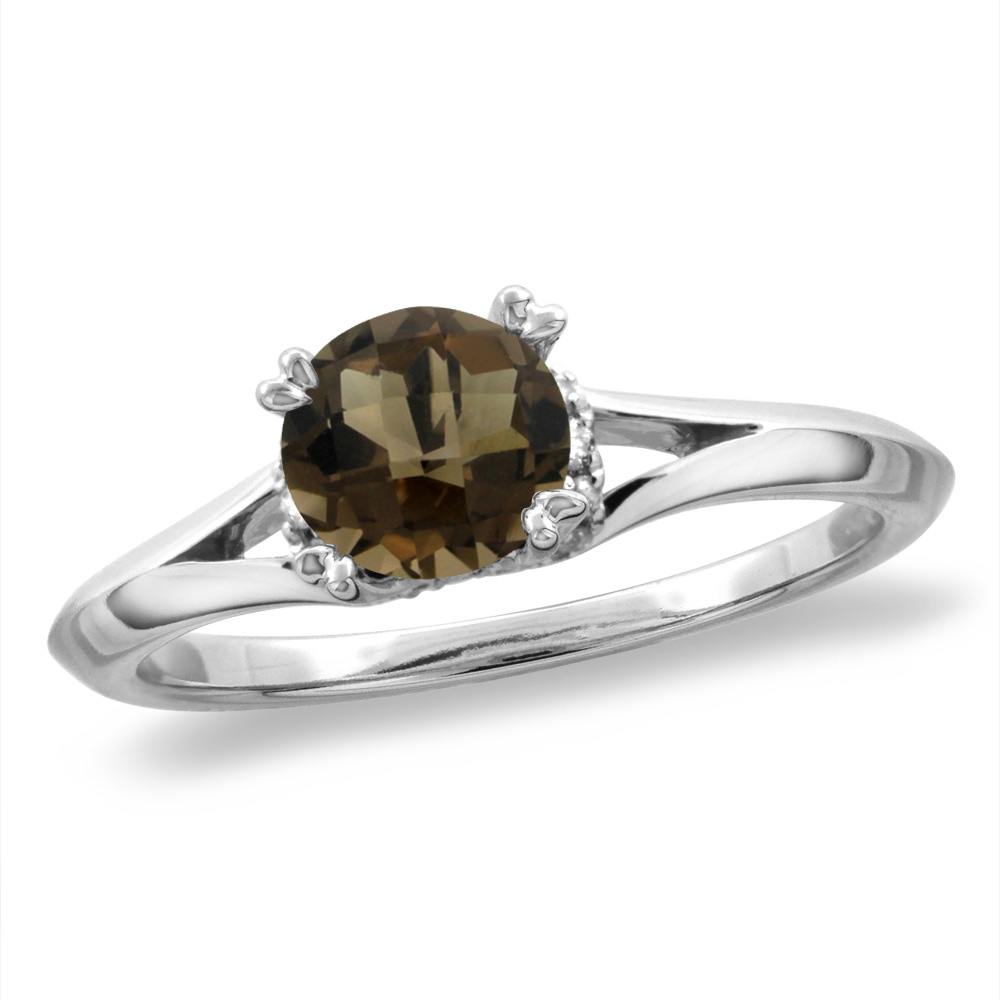 14K White/Yellow Gold Diamond Natural Smoky Topaz Solitaire Engagement Ring Round 6 mm, sz 5-10