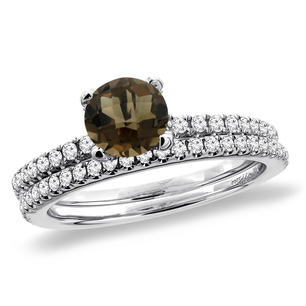 14K White Gold Diamond Natural Smoky Topaz 2pc Engagement Ring Set Round 5 mm, sizes 5-10