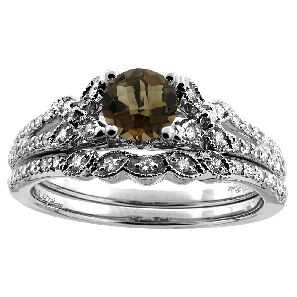 14K White/Yellow Gold Floral Diamond Natural Smoky Topaz 2pc Engagement Ring Set Round 5 mm, sizes 5-10
