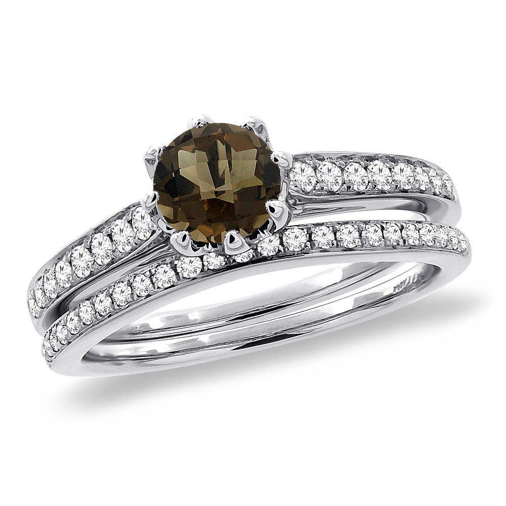 14K White Gold Diamond Natural Smoky Topaz 2pc Engagement Ring Set Round 5 mm, sizes 5-10