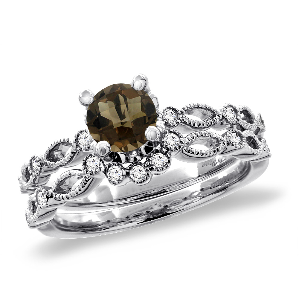 14K Yellow Gold Diamond Natural Smoky Topaz 2pc Engagement Ring Set Round 5 mm, sizes 5 - 10