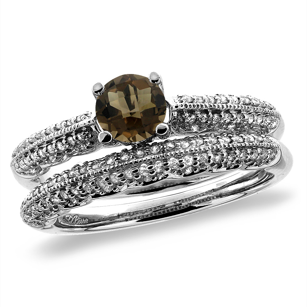 14K White/Yellow Gold Diamond Natural Smoky Topaz 2pc Engagement Ring Set Round 5 mm, sizes 5-10