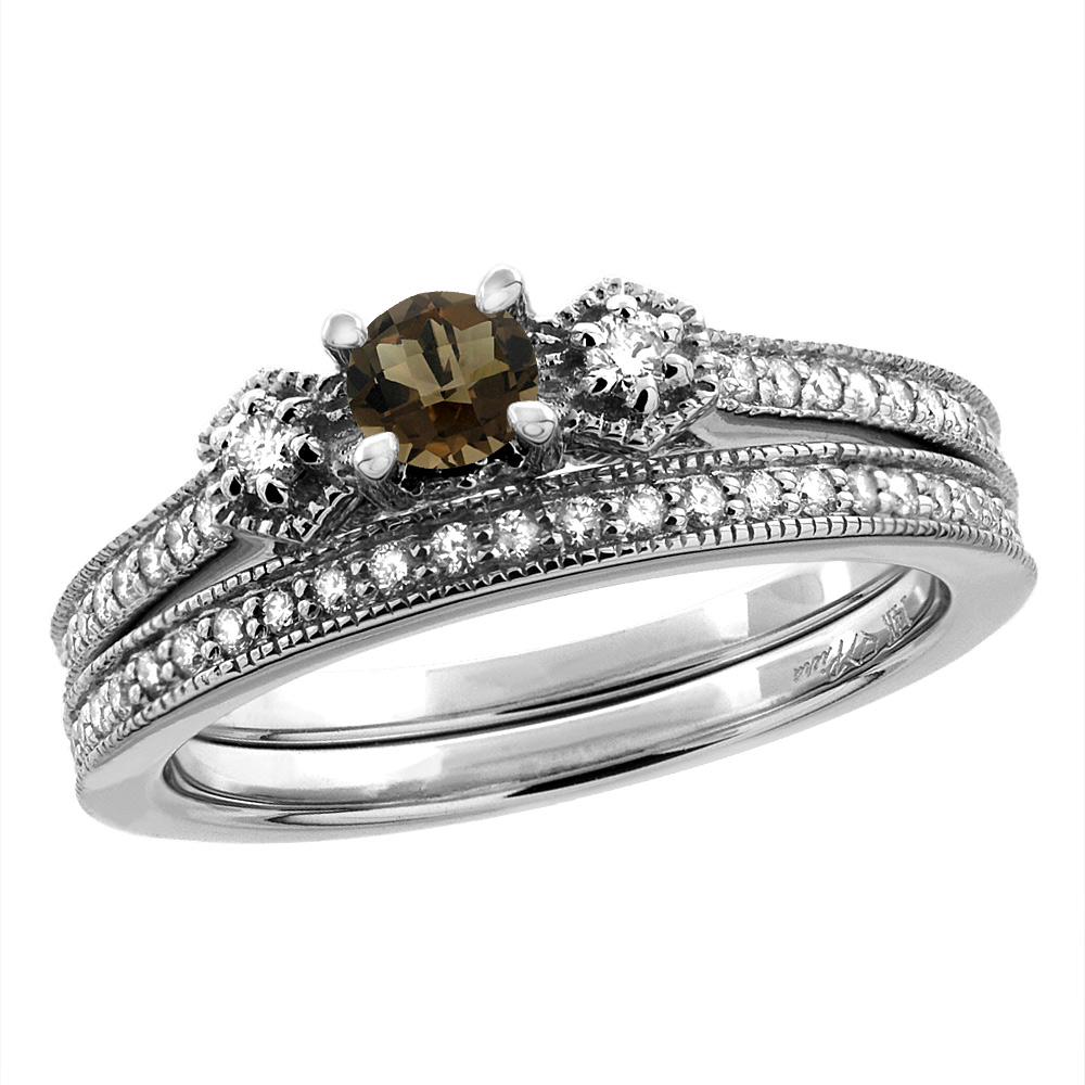 14K White/Yellow Gold Diamond Natural Smoky Topaz 2pc Engagement Ring Set Round 4 mm, sizes 5 - 10