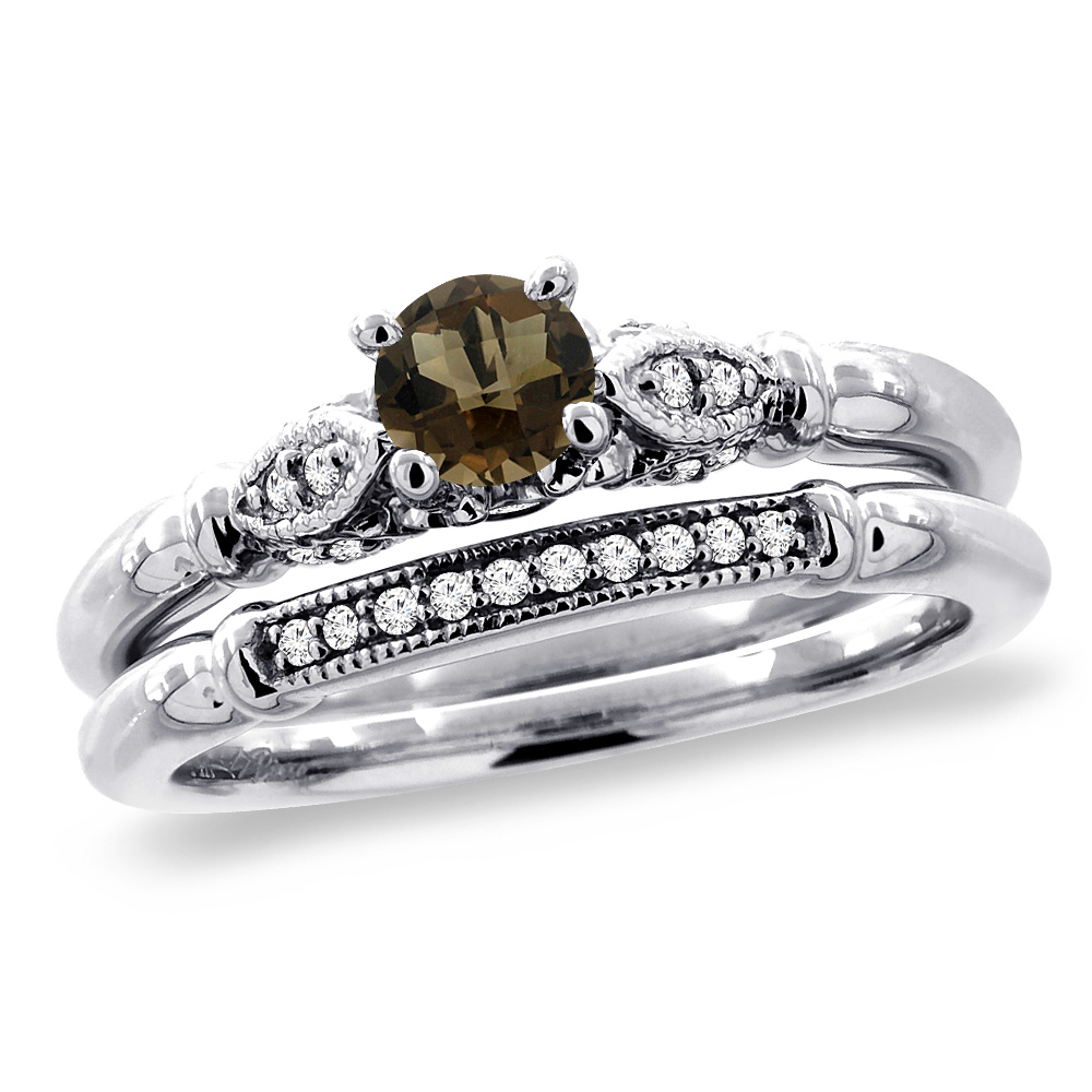 14K White Gold Diamond Natural Smoky Topaz 2pc Engagement Ring Set Round 4 mm, sizes 5 - 10