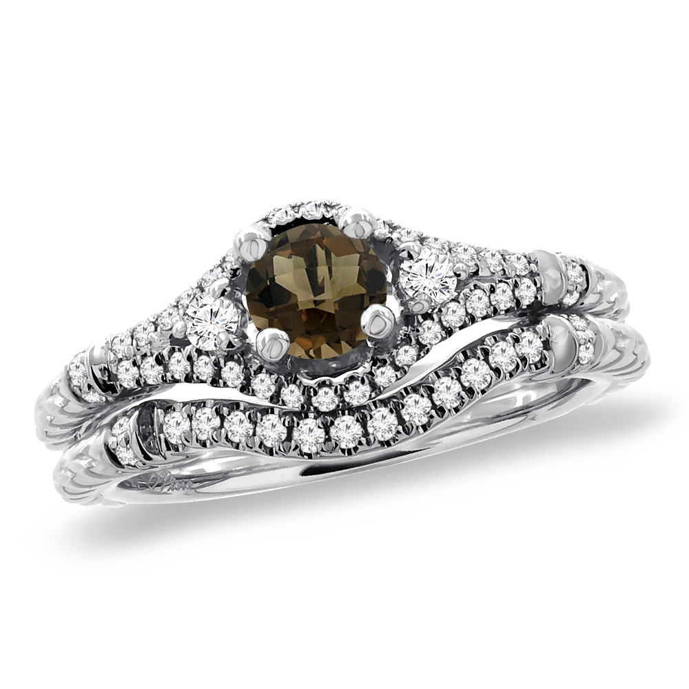 14K White Gold Diamond Natural Smoky Topaz 2pc Engagement Ring Set Round 4 mm, sizes 5 - 10