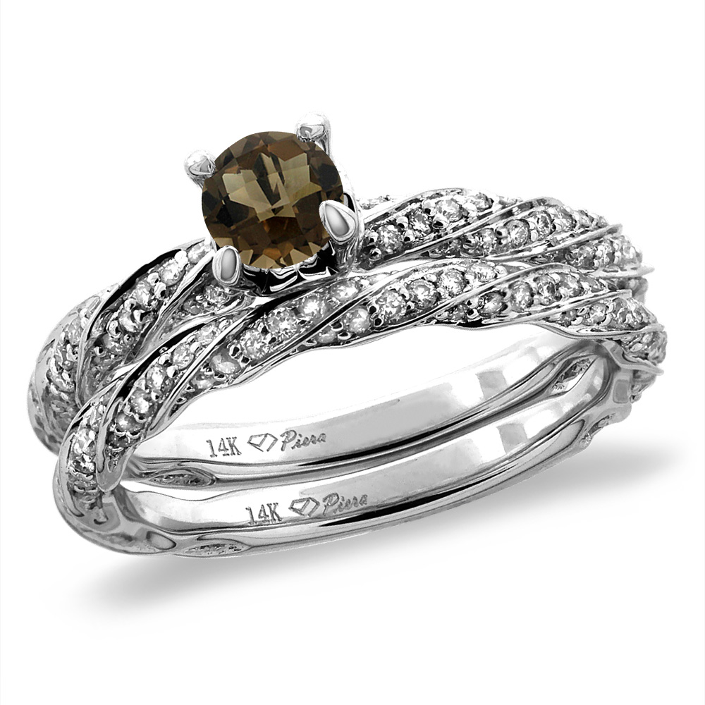 14K White/Yellow Gold Diamond Natural Smoky Topaz 2pc Twisted Engagement Ring Set Round 4 mm, size5-10