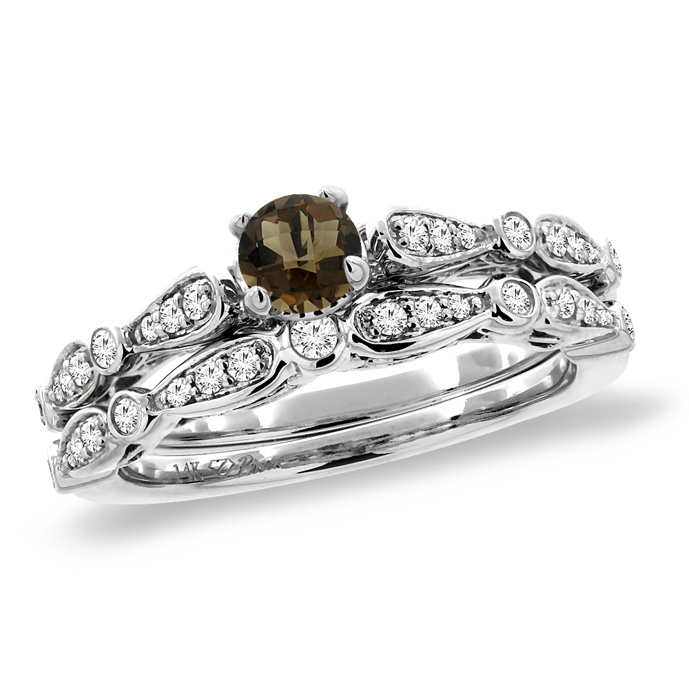 14K White Gold Diamond Natural Smoky Topaz 2pc Engagement Ring Set Round 4 mm, size5-10