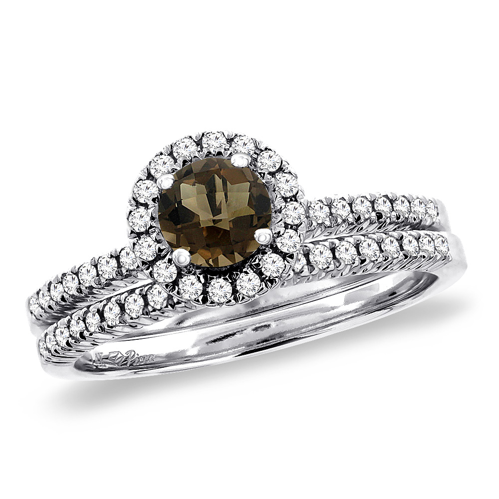 14K White Gold Diamond Natural Smoky Topaz 2pc Halo Engagement Ring Set Round 4 mm, size5-10