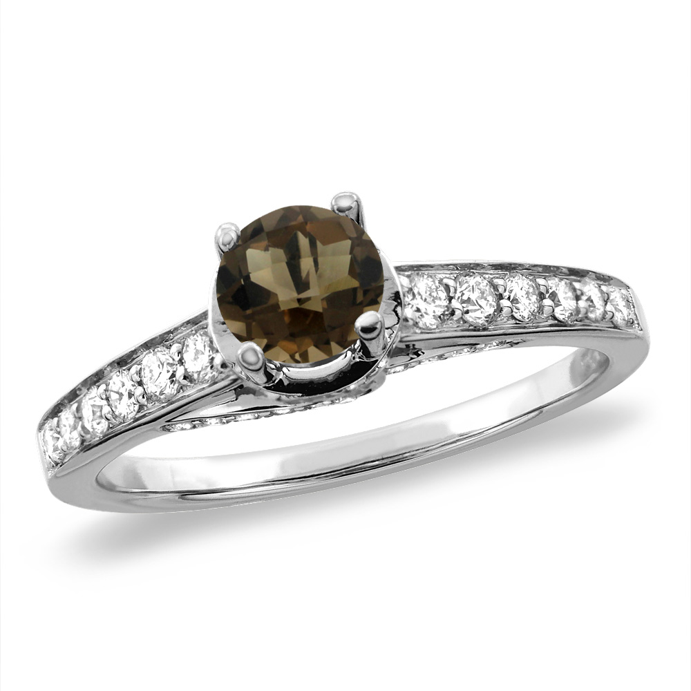 14K White/Yellow Gold Diamond Natural Smoky Topaz Engagement Ring Round 4 mm, sizes 5 -10