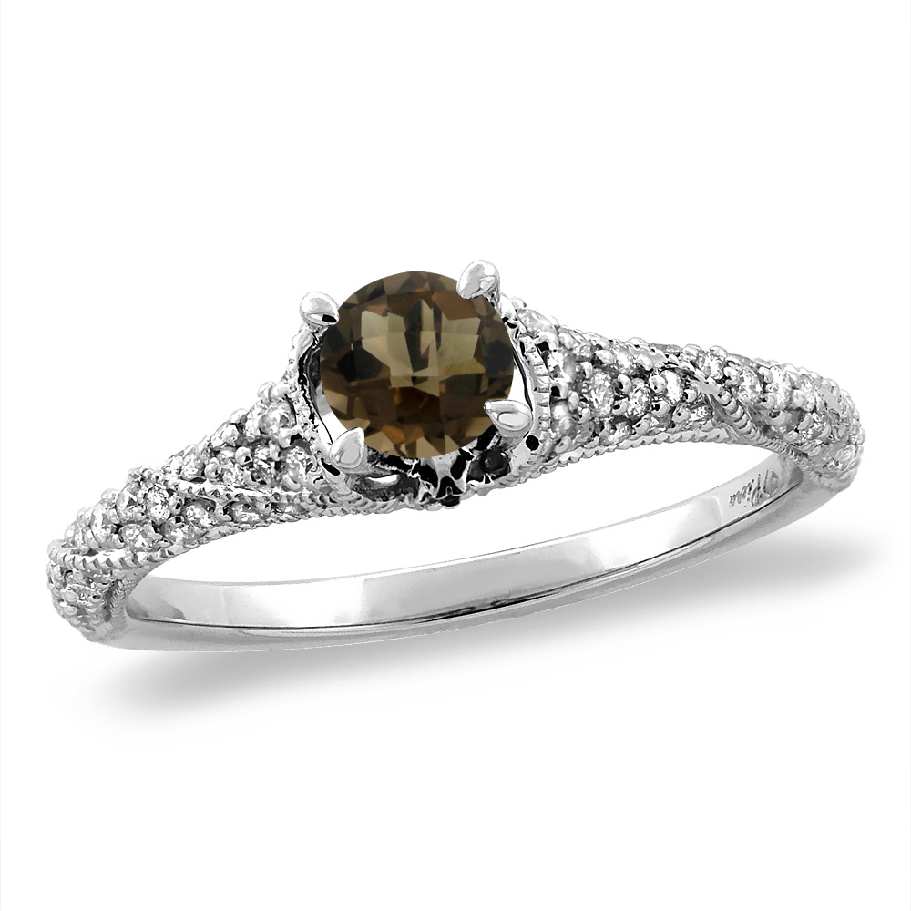 14K White/Yellow Gold Diamond Natural Smoky Topaz Engagement Ring Round 4 mm, sizes 5 -10