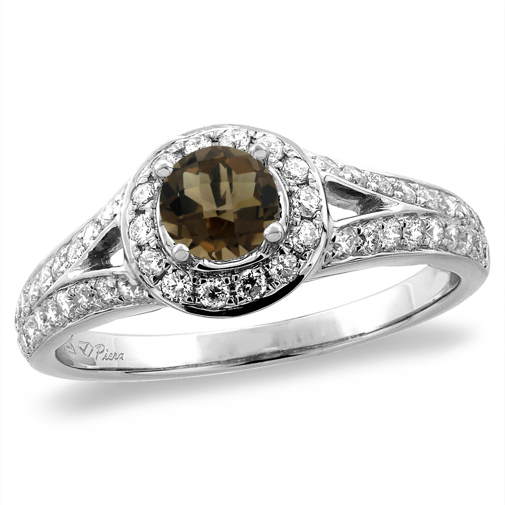 14K White/Yellow Gold Diamond Natural Smoky Topaz Halo Engagement Ring Round 4 mm, sizes 5 -10