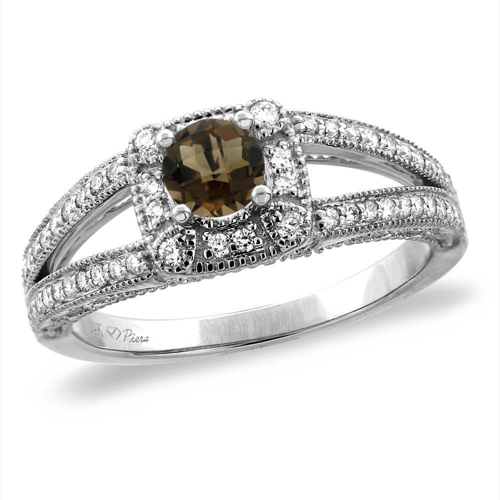 14K White/Yellow Gold Diamond Natural Smoky Topaz Halo Engagement Ring Split Shank Round 4 mm, sizes 5 -10
