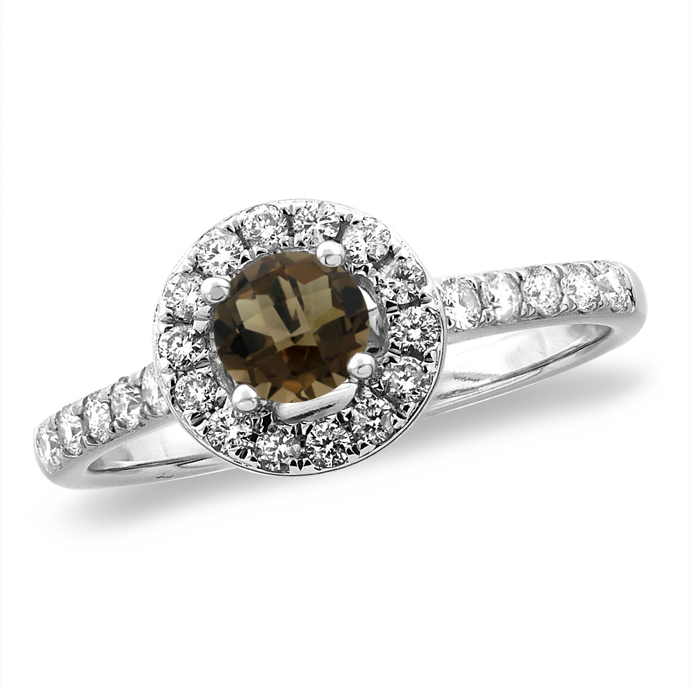 14K White/Yellow Gold Diamond Natural Smoky Topaz Halo Engagement Ring Round 4 mm, sizes 5 -10