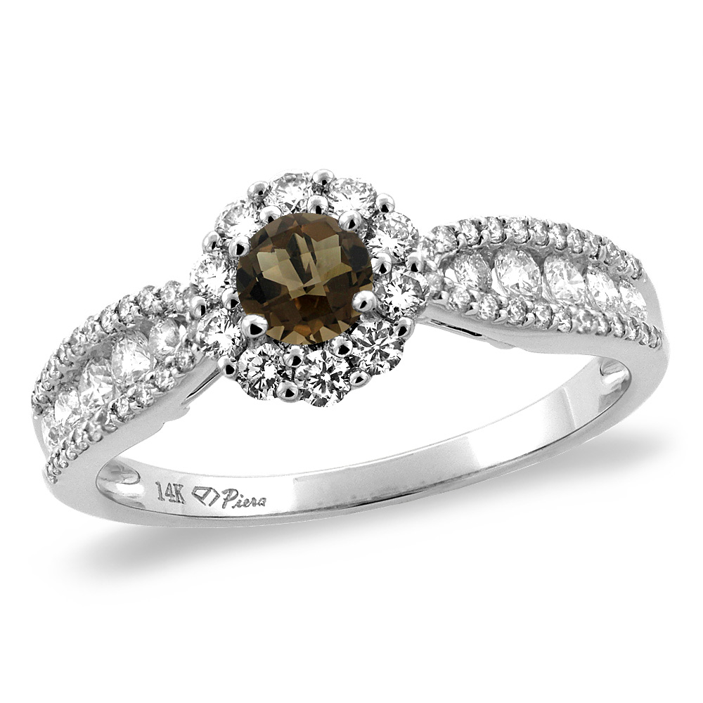 14K White/Yellow Gold Natural Smoky Topaz Halo Engagement Ring Round 4 mm, sizes 5 -10