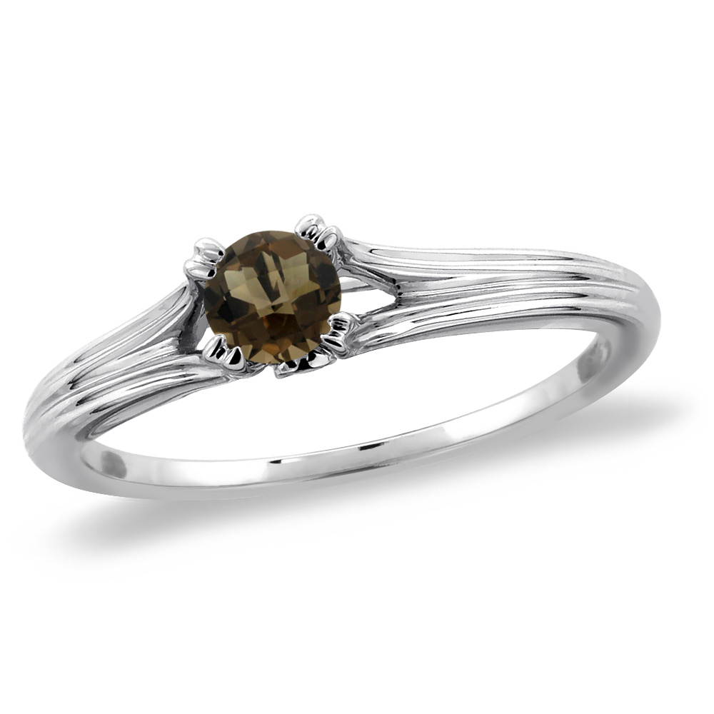 14K White Gold Diamond Natural Smoky Topaz Solitaire Engagement Ring Round 4 mm, sizes 5 -10