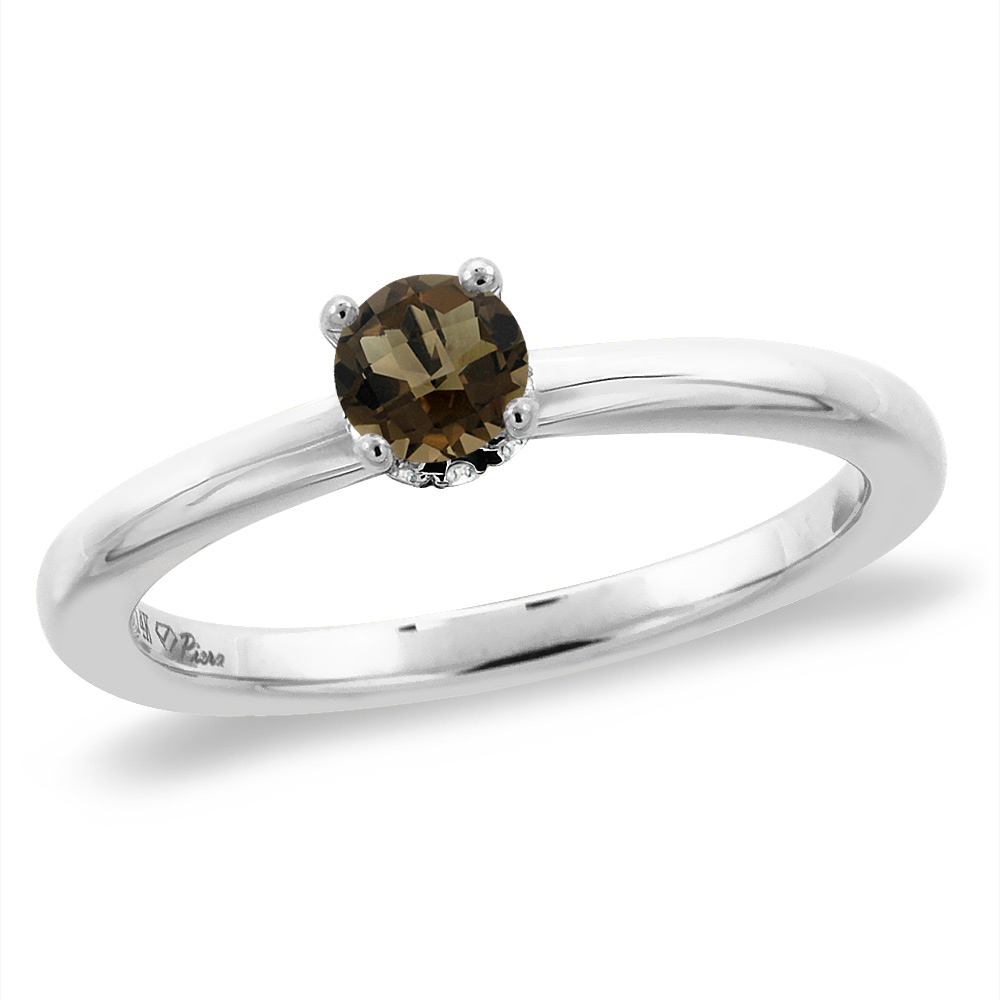 14K White Gold Diamond Natural Smoky Topaz Solitaire Engagement Ring Round 6 mm, sizes 5 -10
