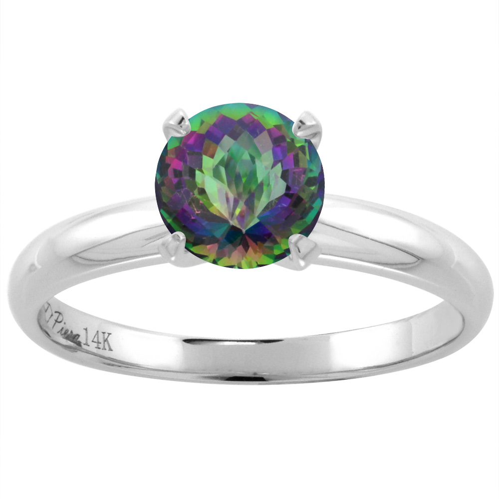 14K White Gold Natural Mystic Topaz Solitaire Engagement Ring Round 7 mm, sizes 5-10