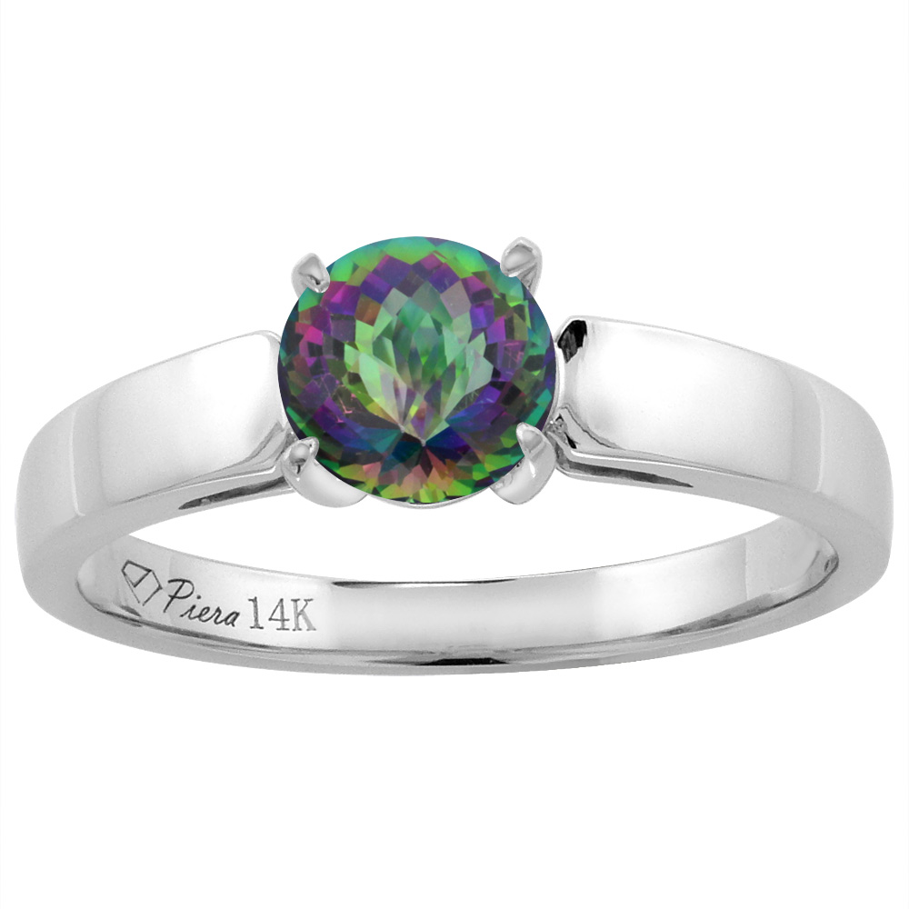 14K White Gold Natural Mystic Topaz Solitaire Engagement Ring Round 7 mm, sizes 5-10