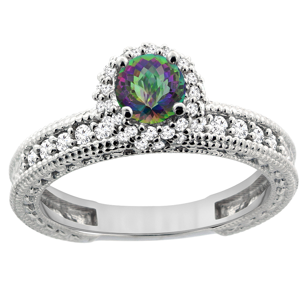 14K White Gold Natural Mystic Topaz Round 5mm Engagement Ring Diamond Accents, sizes 5 - 10