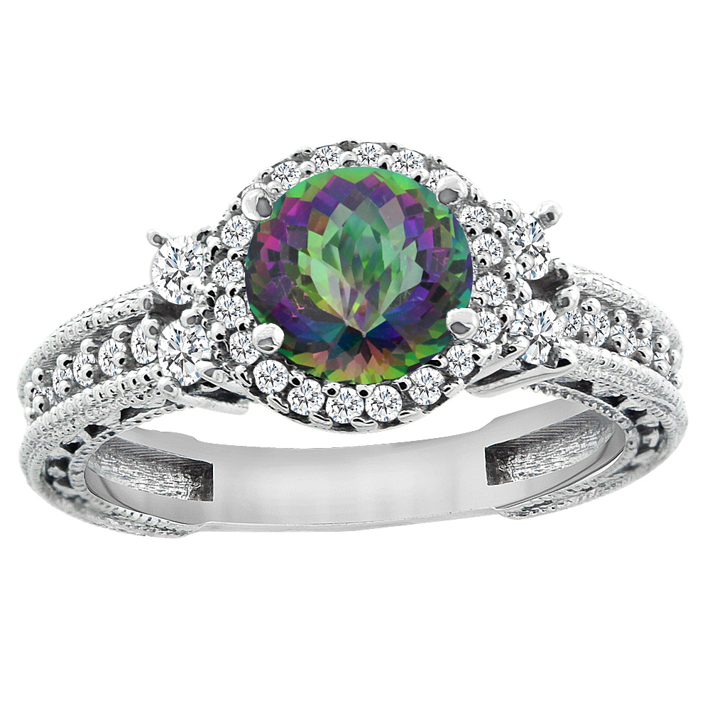 14K White Gold Natural Mystic Topaz Halo Engagement Ring Round 6mm Diamond Accents, sizes 5 - 10