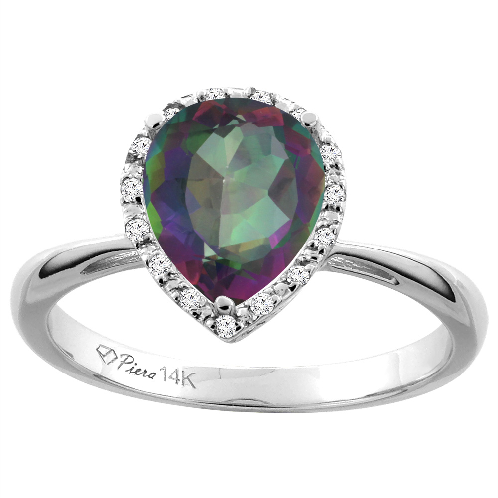 14K White Gold Natural Mystic Topaz & Diamond Halo Engagement Ring Pear Shape 9x7 mm, sizes 5-10