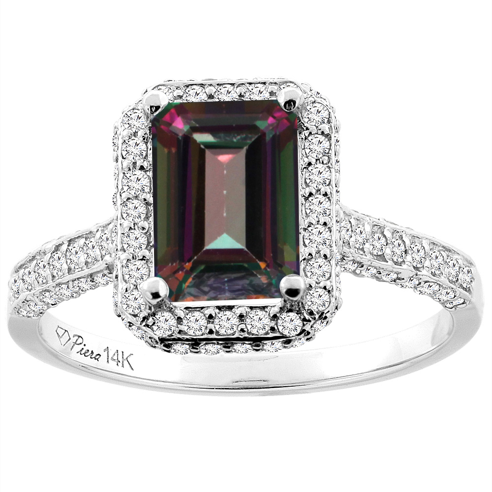 14K White Gold Natural Mystic Topaz Engagement Ring Octagon 8x6 mm, sizes 5-10