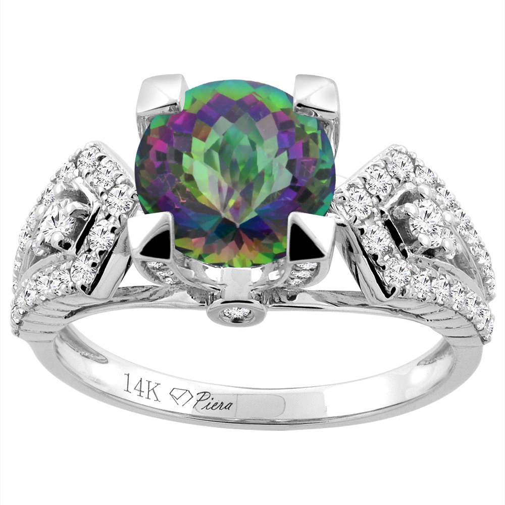 14K Gold Natural Mystic Topaz Ring Round 7 mm Diamond Accents, sizes 5 - 10