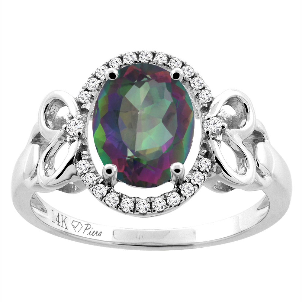 14K Gold Natural Mystic Topaz Halo Ring Oval 9x7 mm Diamond &amp; Heart Accents, sizes 5 - 10
