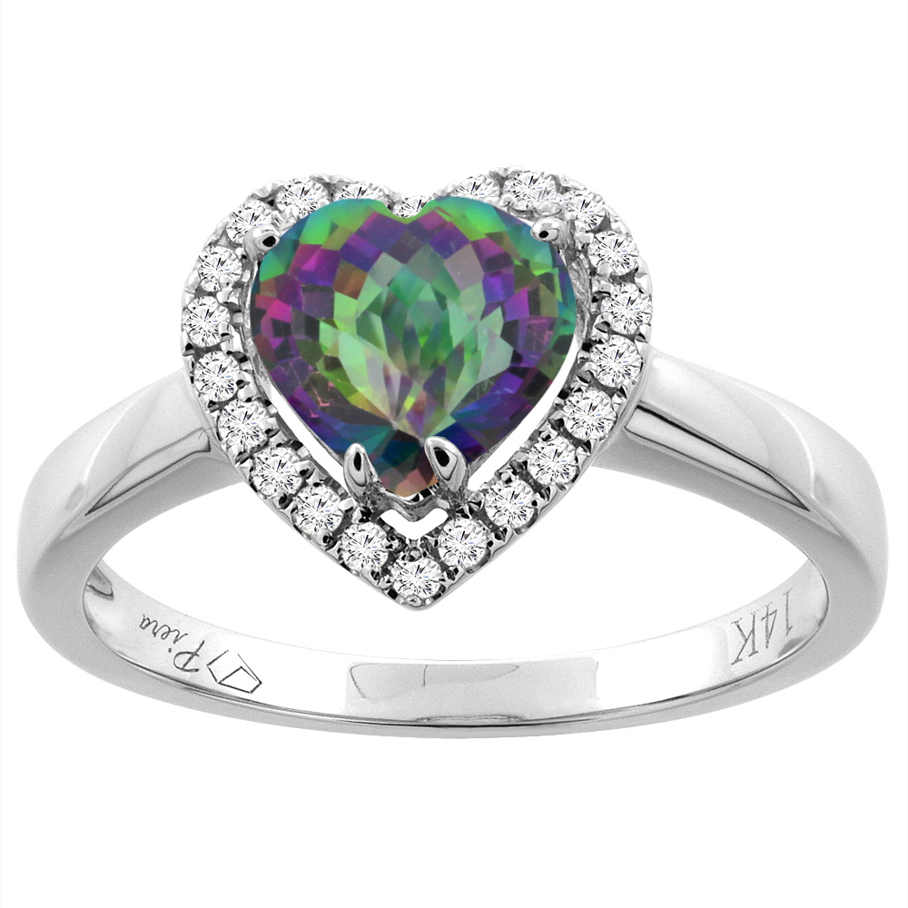 14K Gold Natural Mystic Topaz Halo Ring Heart 7x7 mm Diamond Accents, sizes 5 - 10