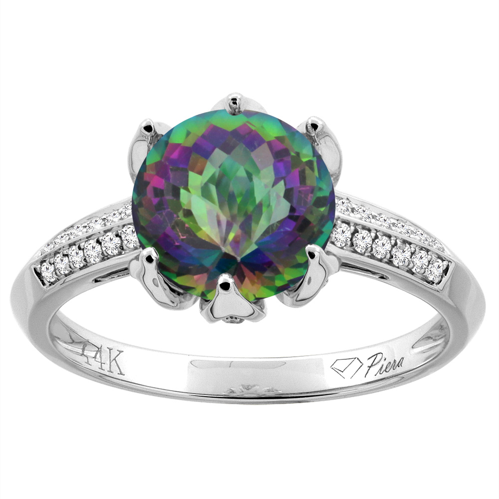 14K Gold Natural Mystic Topaz Ring Round 8 mm Diamond Accents, sizes 5 - 10