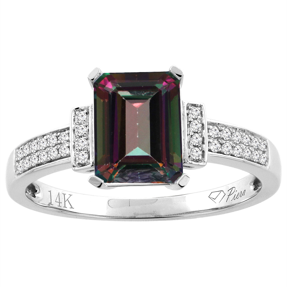 14K Gold Natural Mystic Topaz Ring Octagon 8x6 mm Diamond Accents, sizes 5 - 10