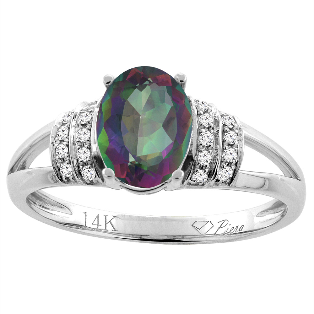 14K Gold Natural Mystic Topaz Ring Oval 8x6 mm Diamond Accents, sizes 5 - 10