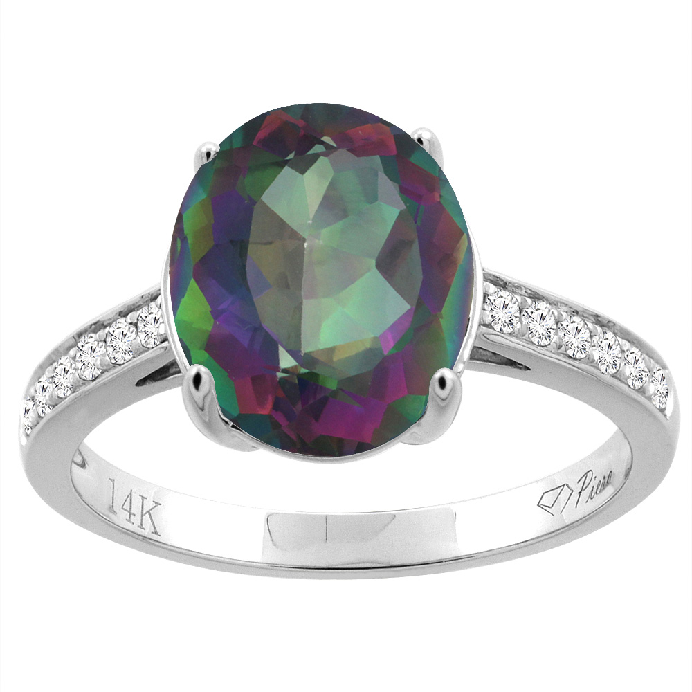 14K Gold Natural Mystic Topaz Ring Oval 11x9 mm Diamond Accents, sizes 5 - 10