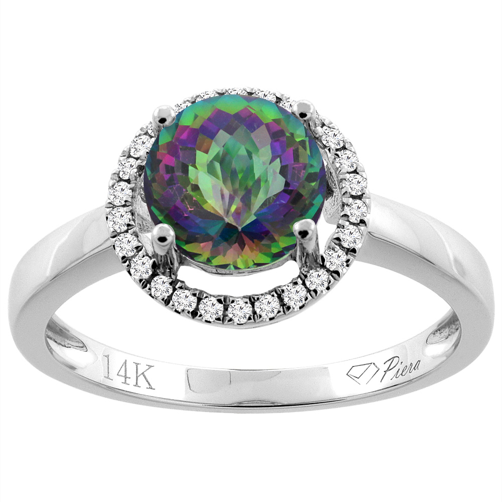 14K Gold Natural Mystic Topaz Ring Round 7 mm Diamond Accents, sizes 5 - 10