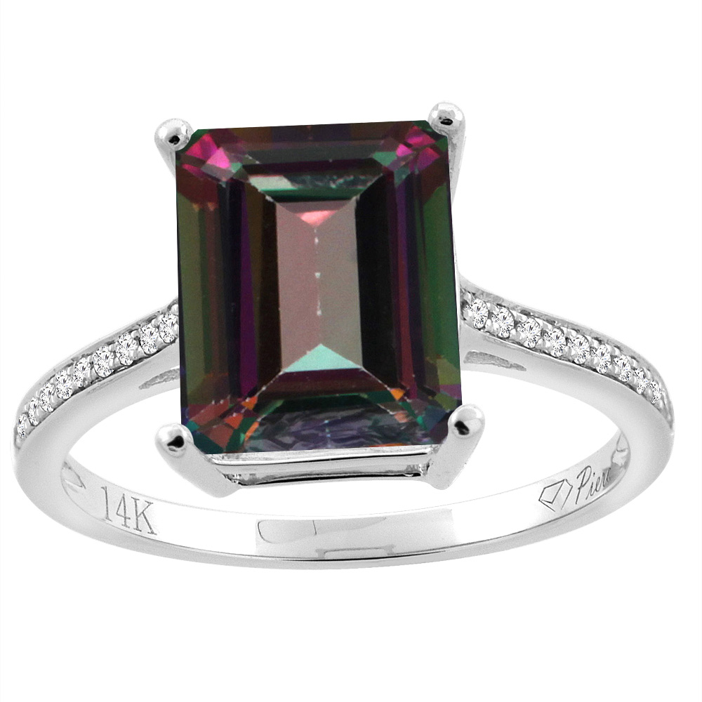 14K Gold Natural Mystic Topaz Ring Octagon 10x8 mm Diamond Accents, sizes 5 - 10