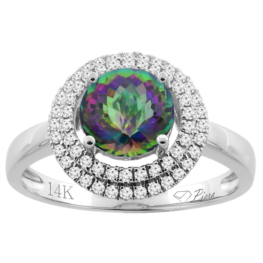 14K Gold Natural Mystic Topaz Ring Round 7 mm Double Halo Diamond Accents, sizes 5 - 10