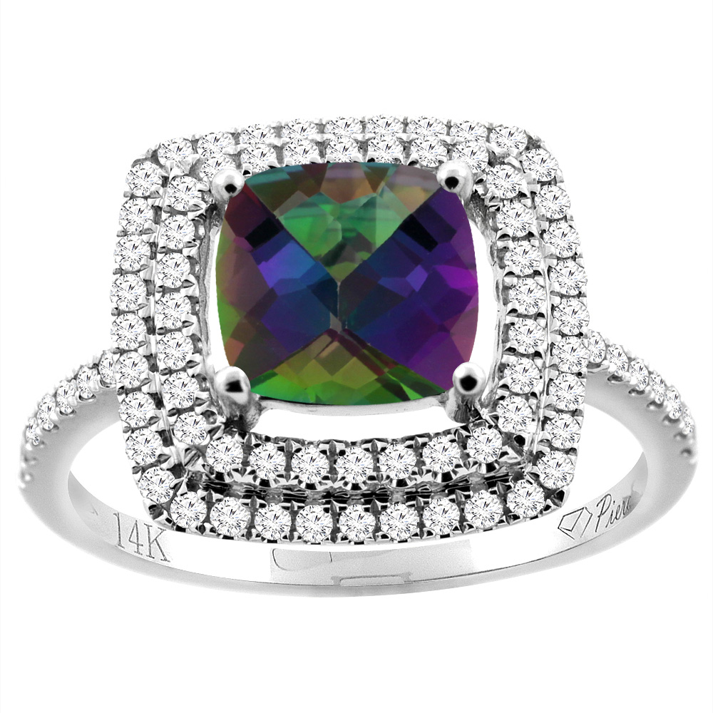 14K Gold Natural Mystic Topaz Ring Cushion Cut 7x7 mm Double Halo Diamond Accents, sizes 5 - 10