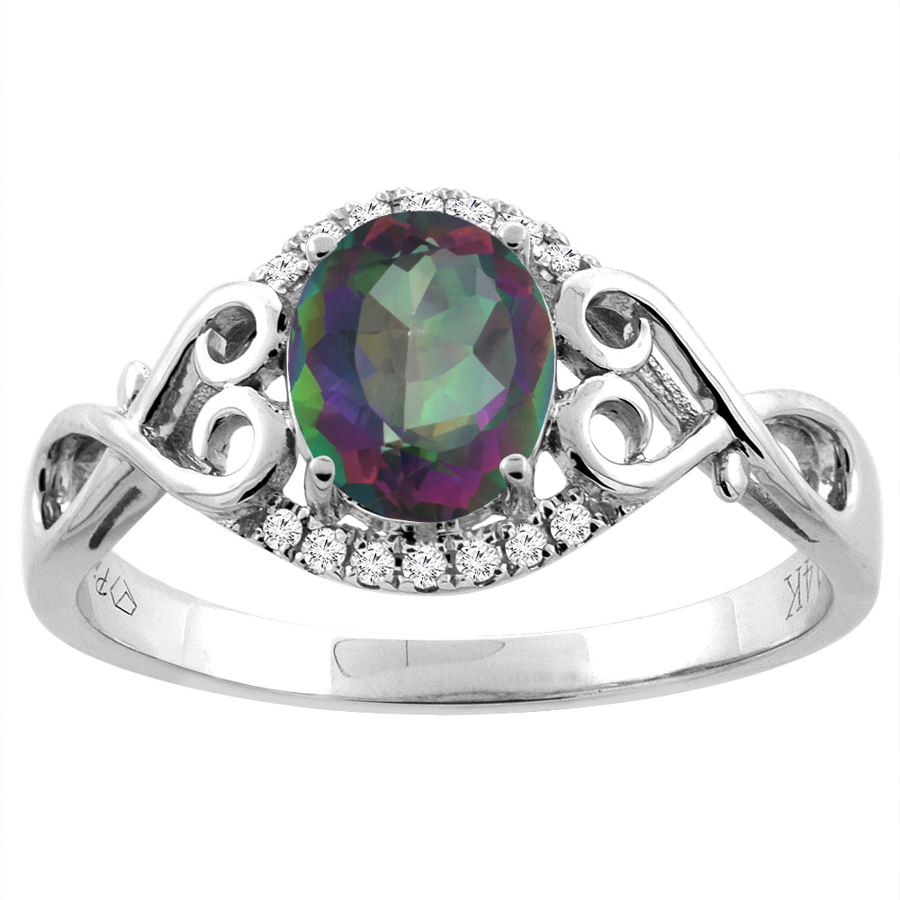 14K Gold Natural Mystic Topaz Ring Oval 8x6 mm Diamond &amp; Heart Accents, sizes 5 - 10