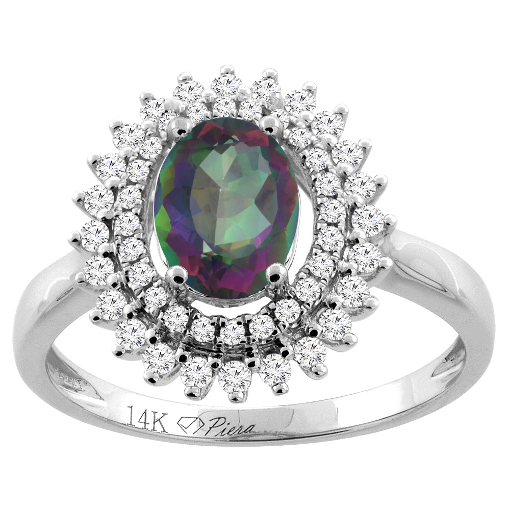 14K Gold Natural Mystic Topaz Ring Oval 8x6 mm Double Halo Diamond Accents, sizes 5 - 10