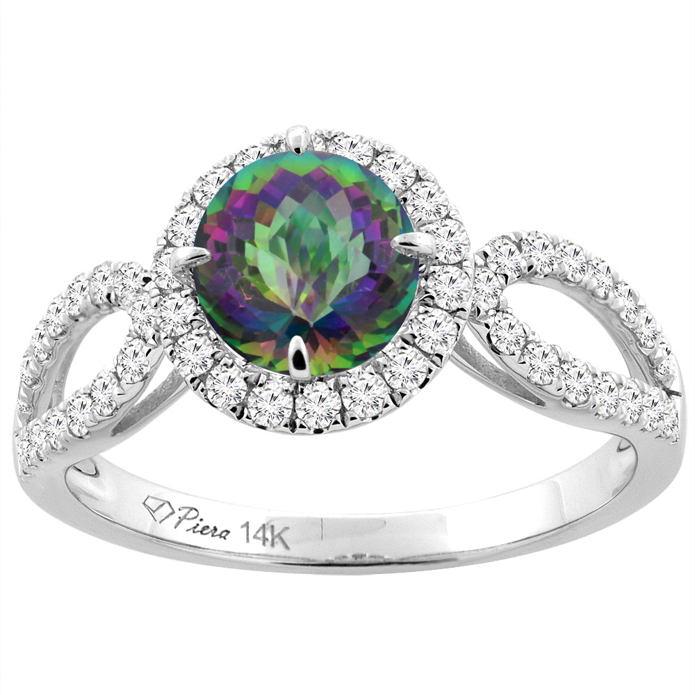 14K White Gold Natural Mystic Topaz Engagement Halo Ring Round 6 mm &amp; Diamond Accents, sizes 5 - 10