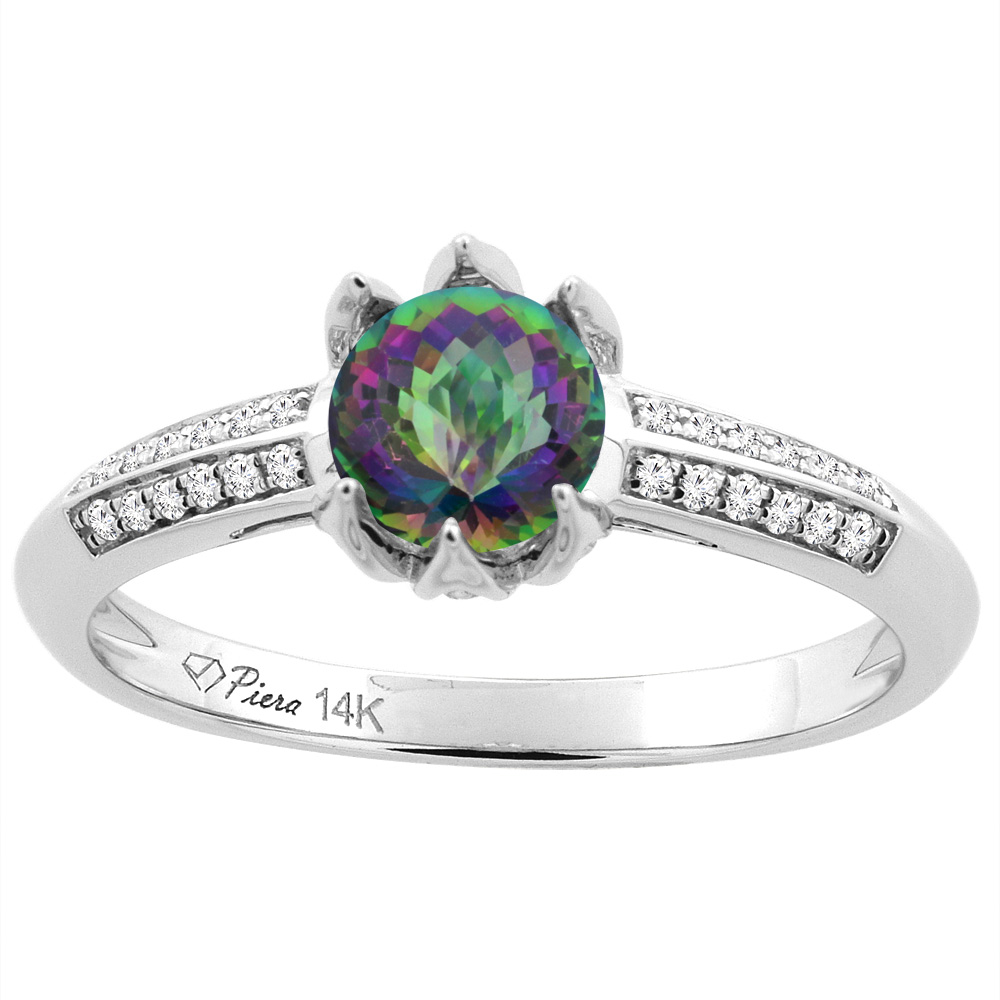 14K White Gold Natural Mystic Topaz Engagement Ring Round 6 mm &amp; Diamond Accents, sizes 5 - 10