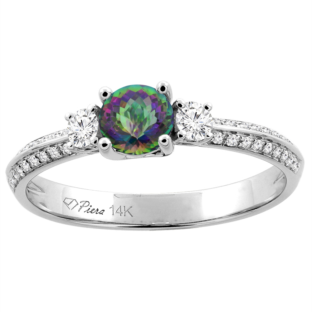 14K White Gold Natural Mystic Topaz Engagement Ring Round 5 mm & Diamond Accents, sizes 5 - 10