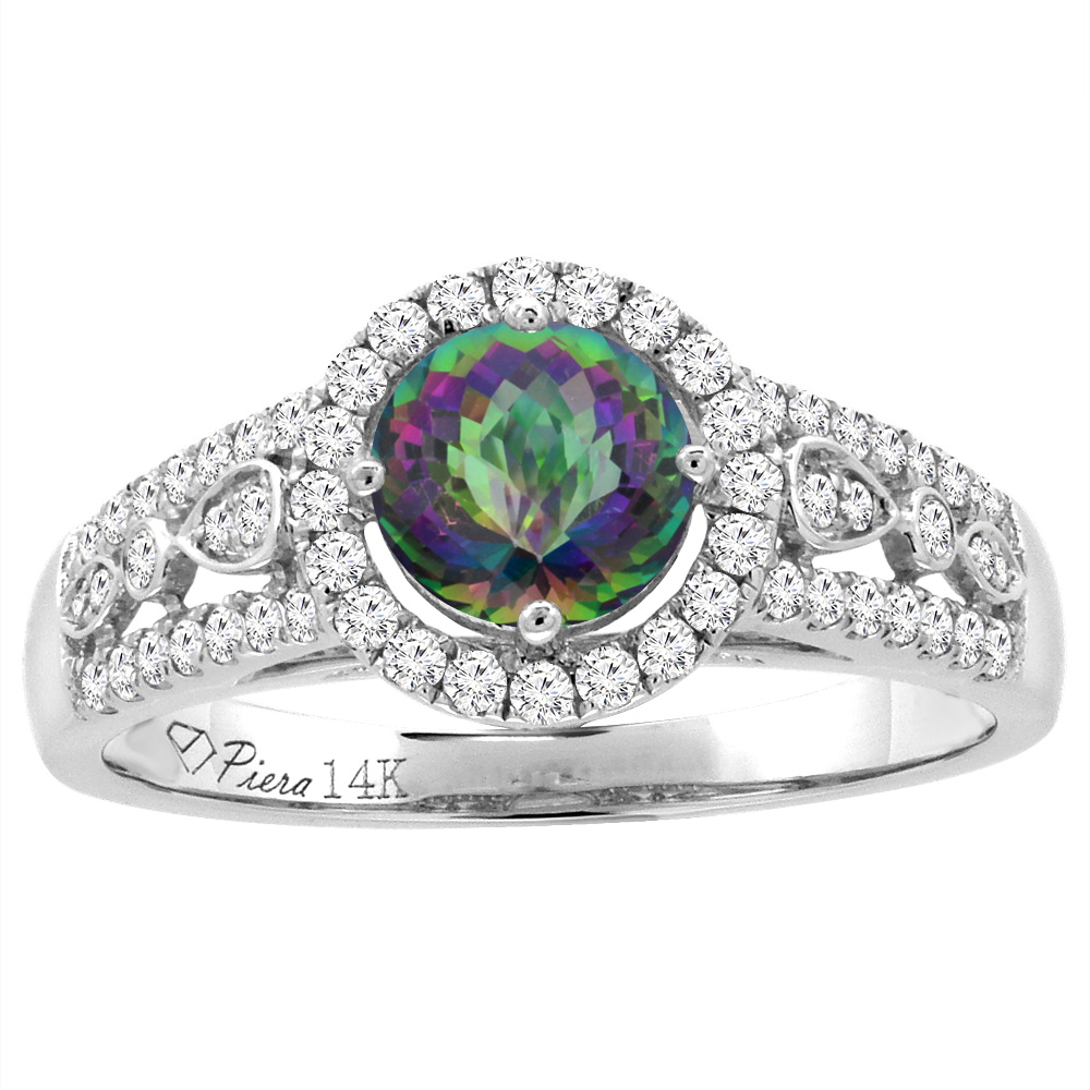 14K White Gold Diamond Natural Mystic Topaz Engagement Halo Ring Round 7 mm, sizes 5-10