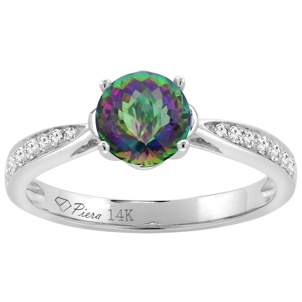 14K White Gold Diamond Natural Mystic Topaz Engagement Ring Round 7 mm, sizes 5-10