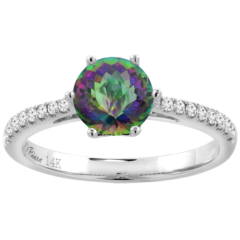 14K White Gold Diamond Natural Mystic Topaz Engagement Ring Round 7 mm, sizes 5-10