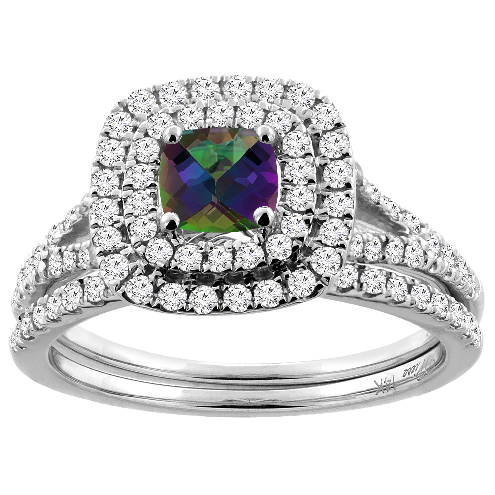 14K White Gold Diamond Halo Natural Mystic Topaz 2pc Engagement Ring Set Cushion 6x6 mm, sizes 5-10